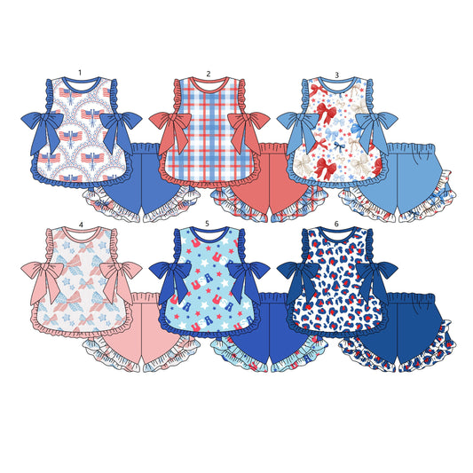 ( Moq 5 Each Style ) Sibling Baby Girls Kids Sleeveless Bows Shirts Shorts 4th of July Sets