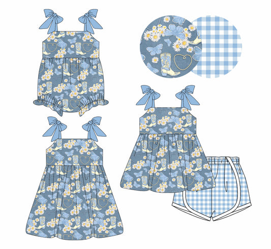 Baby Girl Straps Western Boots Flower Blue Sibling Romper Dress Set ( Moq 5 Each Style ) 4.3