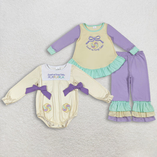 Sibling Baby Girls Kids Long Sleeves Embroidery Sweet Cake Bows Mardi Gras Romper Set RTS