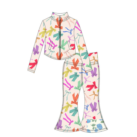 ( Moq 10 ) Baby Girl Bows Long Sleeves Pockets Zipper Tops Pants Activity Wear Yoga Set