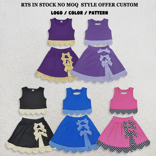 Sibling Baby Girls Kids Sleeveless Vests Plaid Bows Scallop Bows Skirts Shorts Yoga Active Sets Clothes RTS