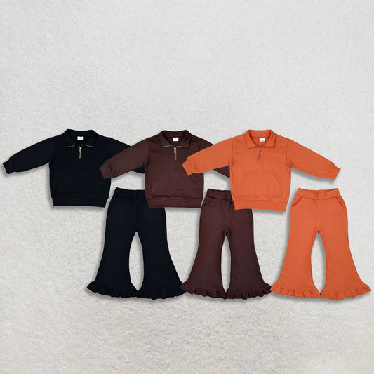 Sibling Baby Girls Kids Long Sleeves Zipper Shirts Pockets Pants Sets Sweatsuit Cotton Clothes RTS