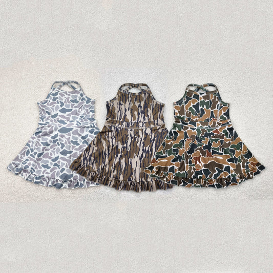 Baby Girl Straps Camo Yoga Activity Wear Sibling Ruffle Knee Length Dress RTS