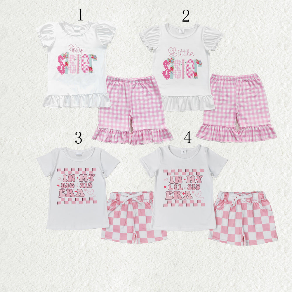 Baby Girl Short Sleeves Little Big Sister Shirt Ruffle Plaid Shorts Sibling Clothes Set RTS