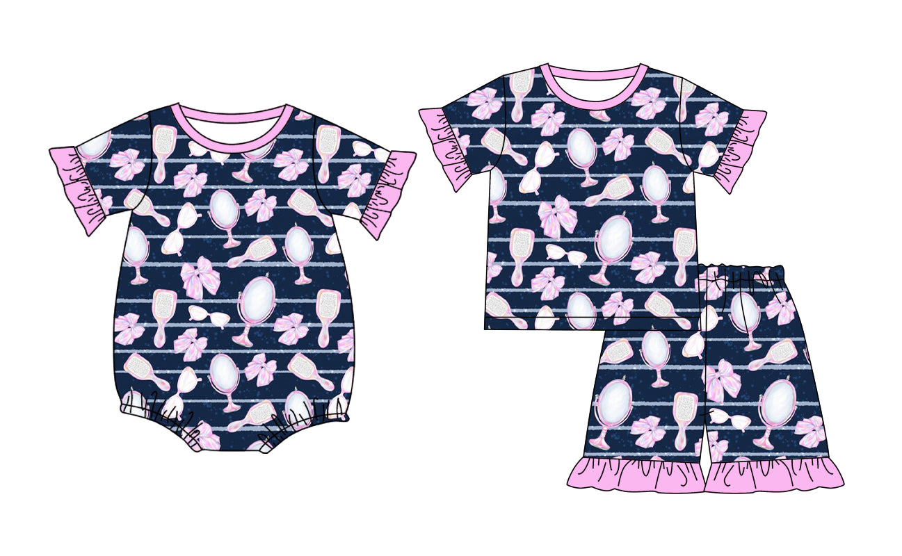 ( Moq 5 Each Style ) Sibling Baby Girls Kids Short Sleeves Pink Bows Tops Shorts Set Romper