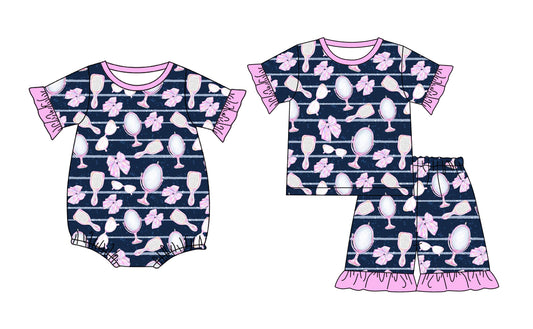( Moq 5 Each Style ) Sibling Baby Girls Kids Short Sleeves Pink Bows Tops Shorts Set Romper