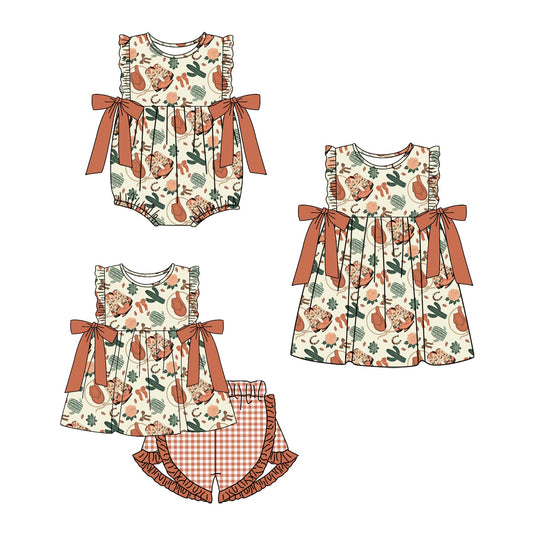 ( Moq 5 Each Style ) Baby Girl Western Cactus Boots Bows Sibling Romper Dress Set 3.29