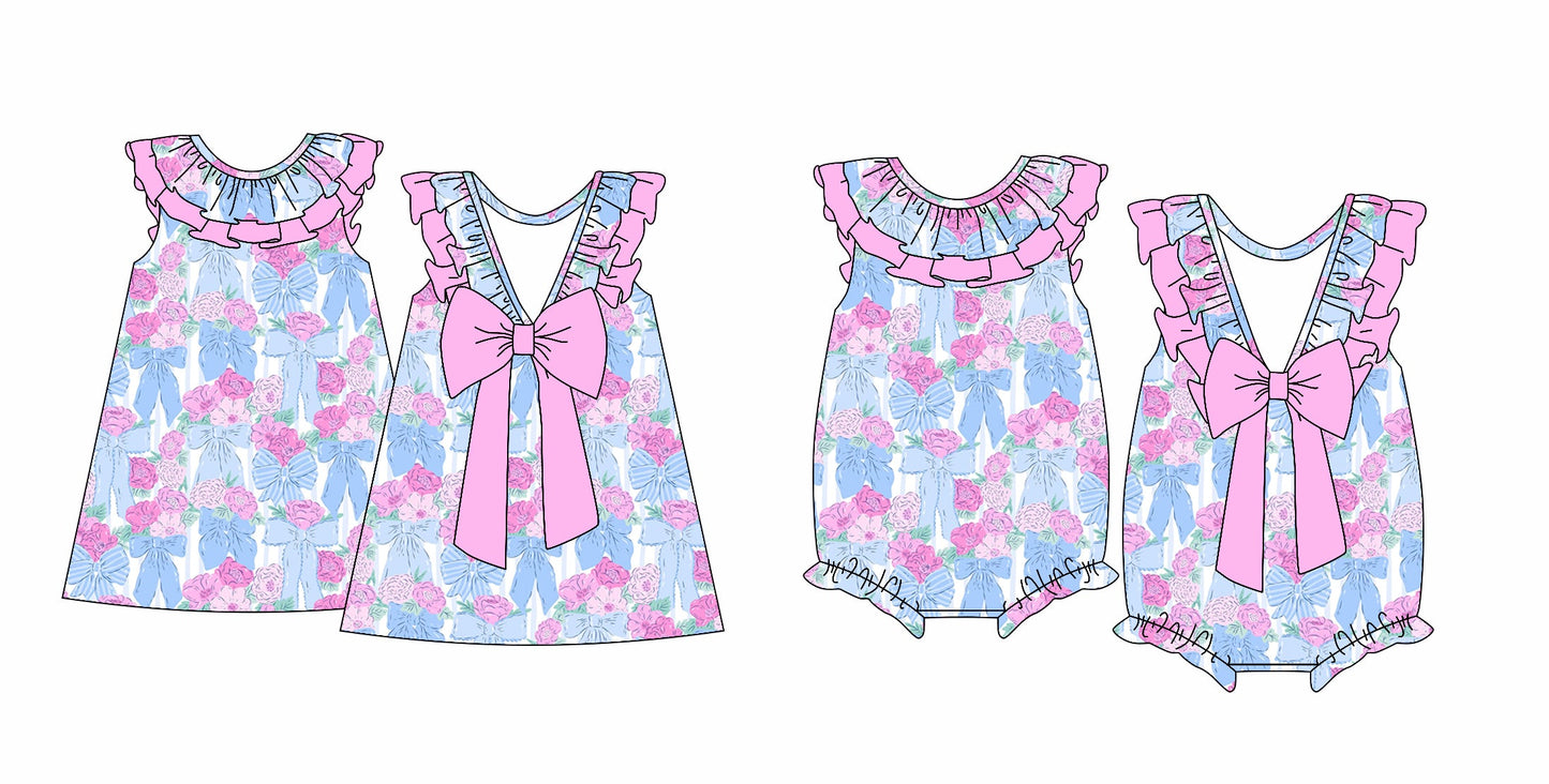 Baby Girl Blue Bows Flower Summer Sibling Ruffle Dress Romper ( Moq 5 Each Design ) 12.14