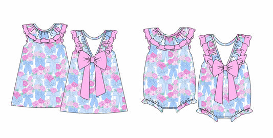 Baby Girl Blue Bows Flower Summer Sibling Ruffle Dress Romper ( Moq 5 Each Design ) 12.14