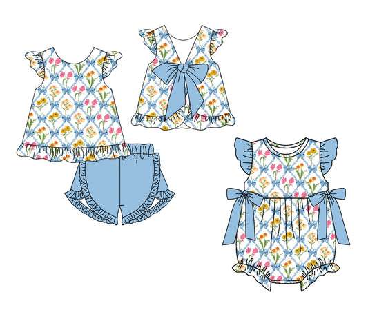 ( Moq 5 Each Style ) Sibling Baby Girls Kids Short Sleeves Bows Flower Tops Shorts Set Romper Summer Clothes