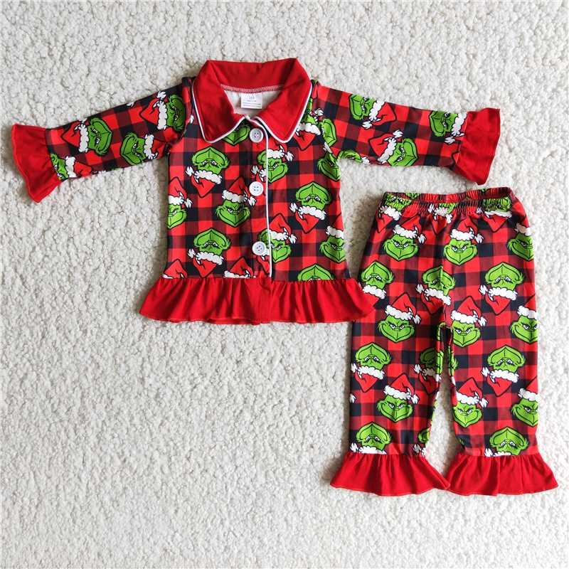 6 B1-25 Christmas Face Baby Boy Long Sleeves Button Up Cardigan Pants Outfit Pajamas