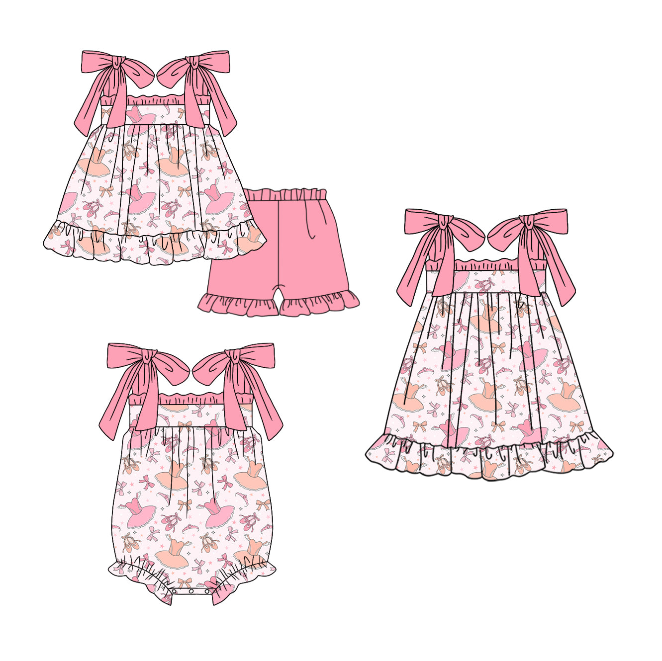 Baby Girl Straps Dance Bows Sibling Summer Romper Dress Clothes Set ( Moq 5 Each Design )11.22