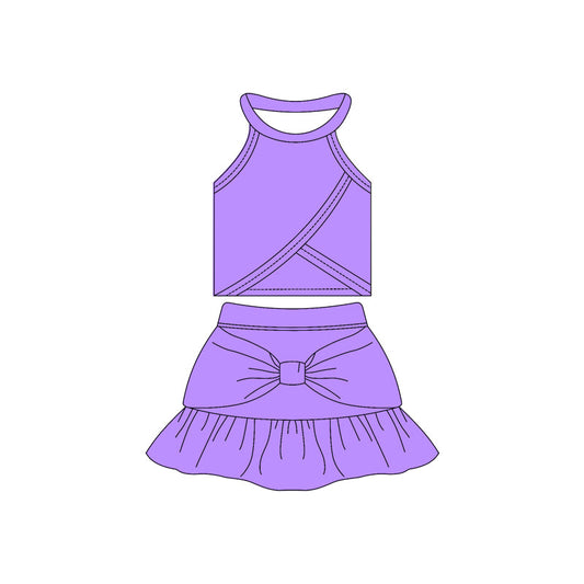 ( Moq 10 ) Baby Girl Purple Sleeveless Vest Bow Ruffle Shorts Skirts Activity Wear Yoga Set