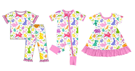 ( Moq 5 Each Style ) Baby Girl Toddler Rabbits Eggs Bows Easter Sibling Romper Dress Set