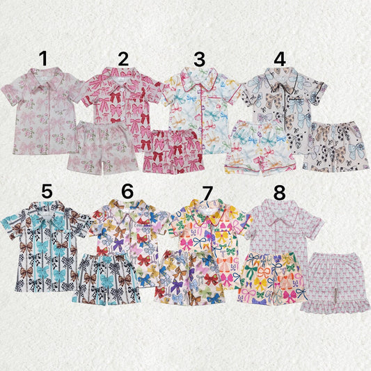 Baby Girl Short Sleeves Colorful Bows Buttons Shirt Shorts Sibling Pajamas Clothes Set RTS