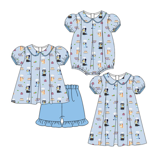 Baby Girl Short Sleeves Dogs Blue Sibling Romper Dress Set ( Moq 5 Each Style ) 3.15
