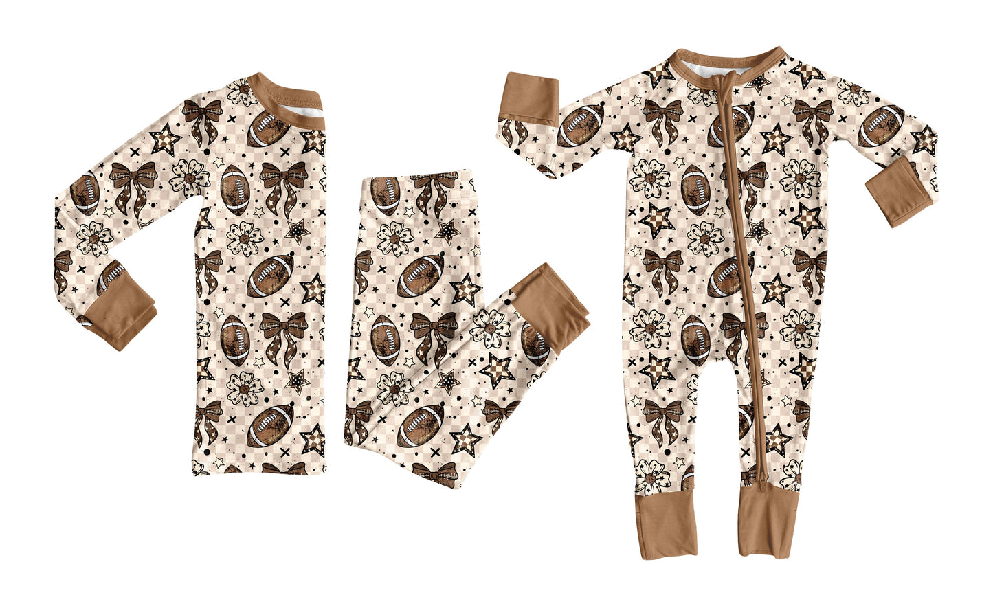 ( Moq 5 Each Style ) Baby Girl Toddler Football Bows Flower Plaid Sibling Pajamas Romper Set