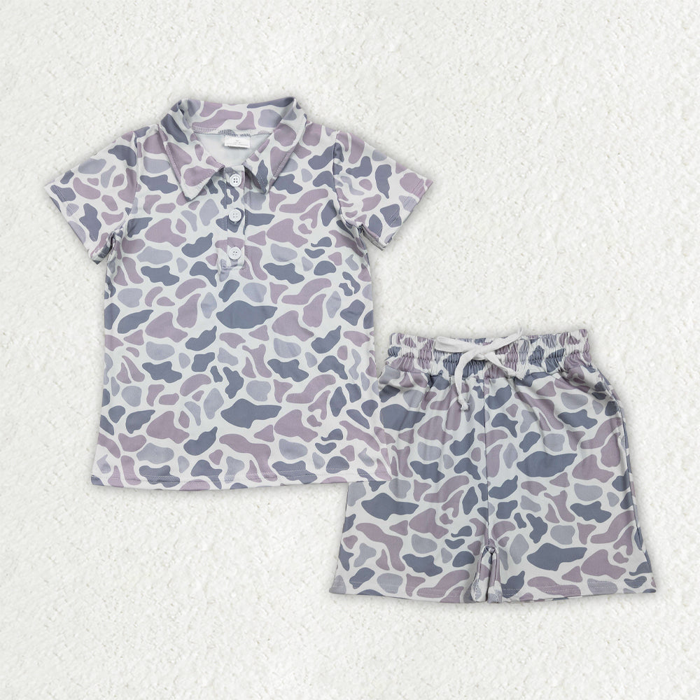 Baby Boys Kids Short Sleeves Buttons Shirt Grey Camo Pockets Shorts Summer Clothes Set RTS