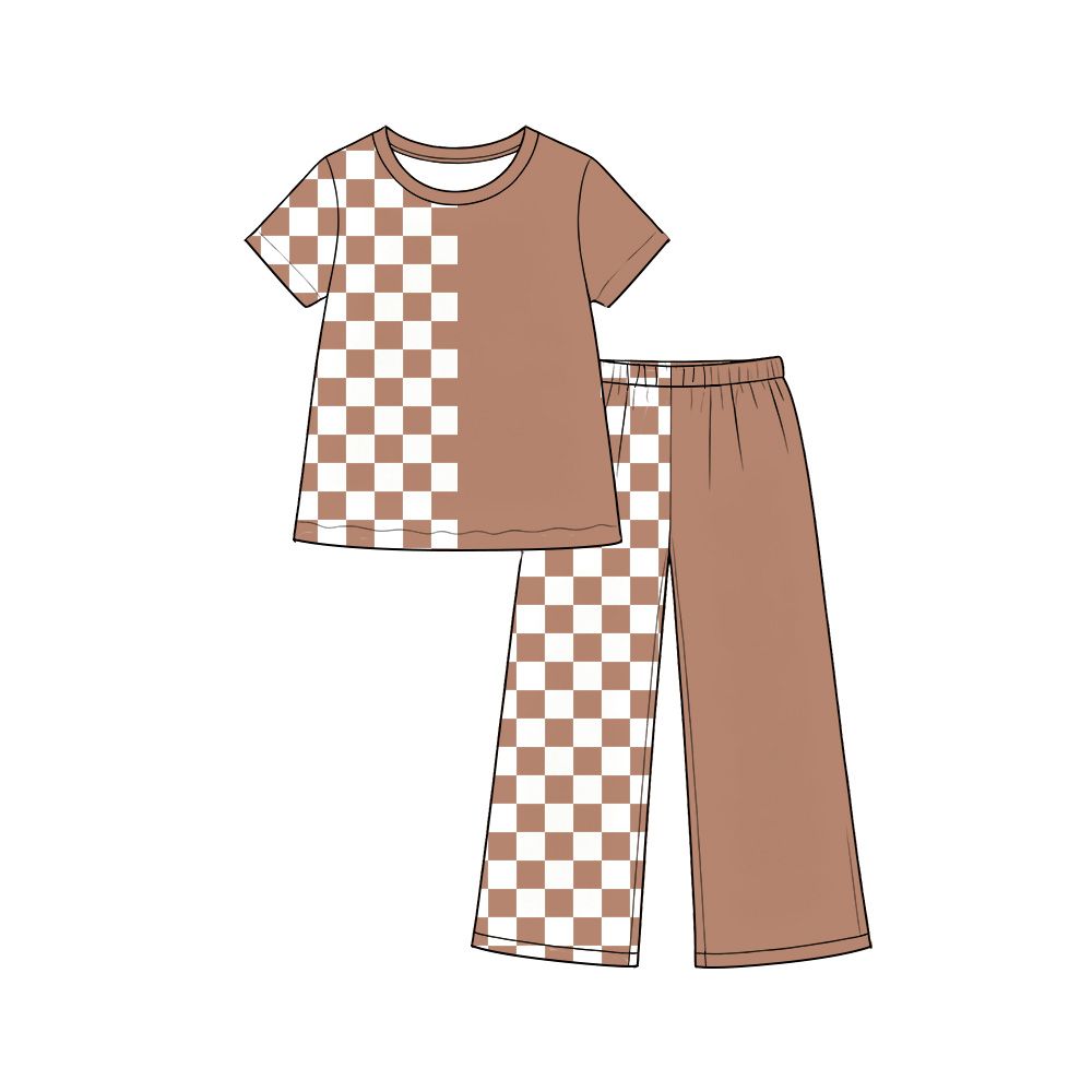 ( Moq 5 ) Preorder Baby Girls Kids Short Sleeves Shirt Checked Brown Pants Set Clothes