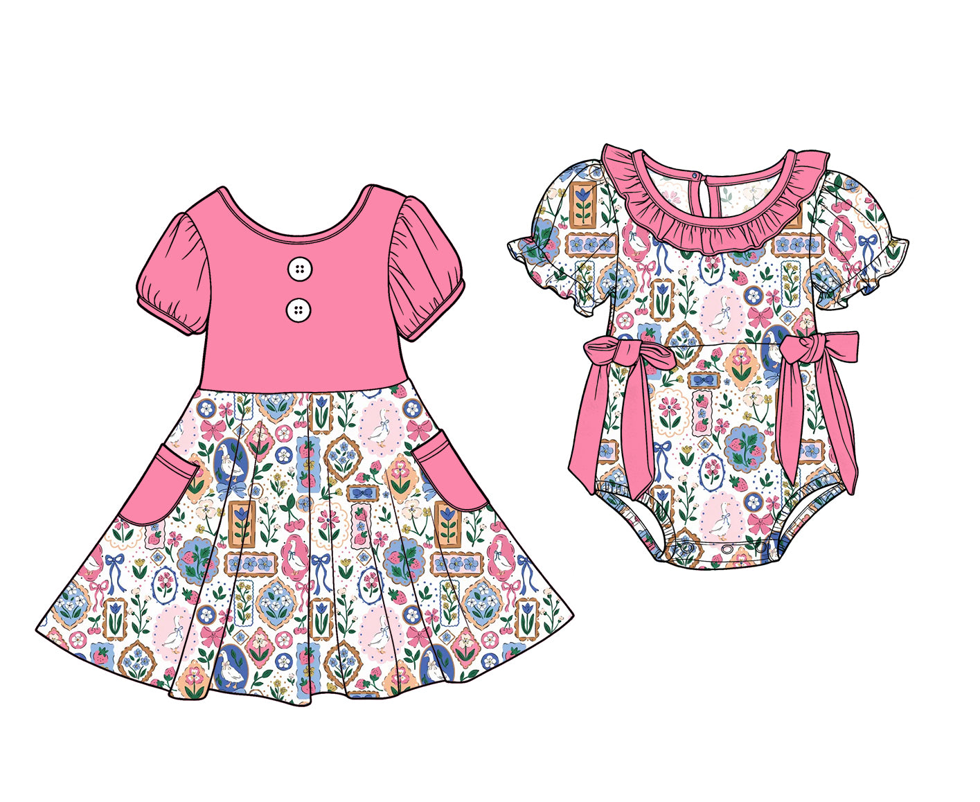 ( Moq 5 Each Style ) Baby Girls Kids Short Sleeves Flower Pink Bows Sibling Romper Dress
