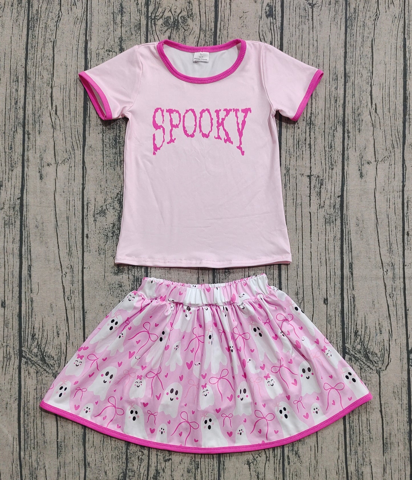 Baby Girl Short Sleeves Spooky Shirt Ghost Bows Hearts Skorts Halloween Pink Set RTS