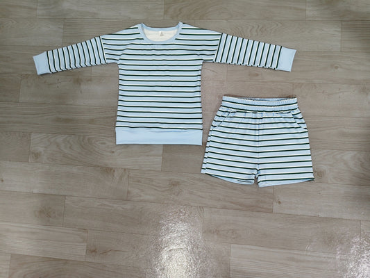 ( No moq ) Preorder Baby Girls Kids Long Sleeves Shirt Shorts Blue Green Stripes Set Yoga Active Clothes