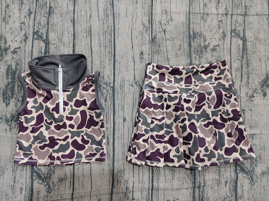 ( No moq ) Preorder Baby Girls Kids Sleeveless Zipper Camo Tops Skirt Shorts Yoga Set Clothes