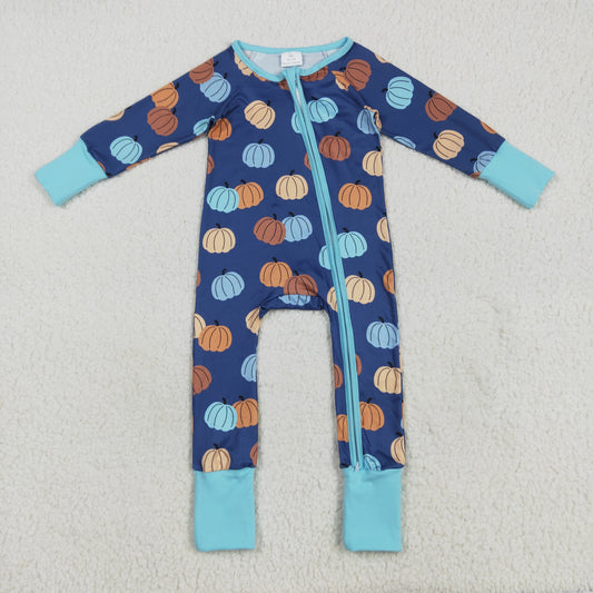 Baby Boy Long Sleeves Pumpkins Blue Zipper Fall Romper Thanksgiving RTS