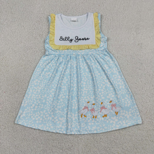 Baby Girls Kids Embroidery Goose Bows Floral Ruffle Knee length Dress RTS