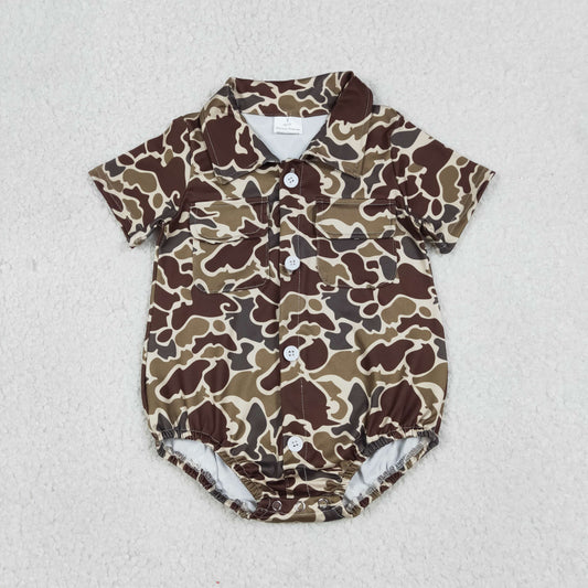 Baby Boys Short Sleeves Dark Green Camo Pockets Buttons Romper RTS