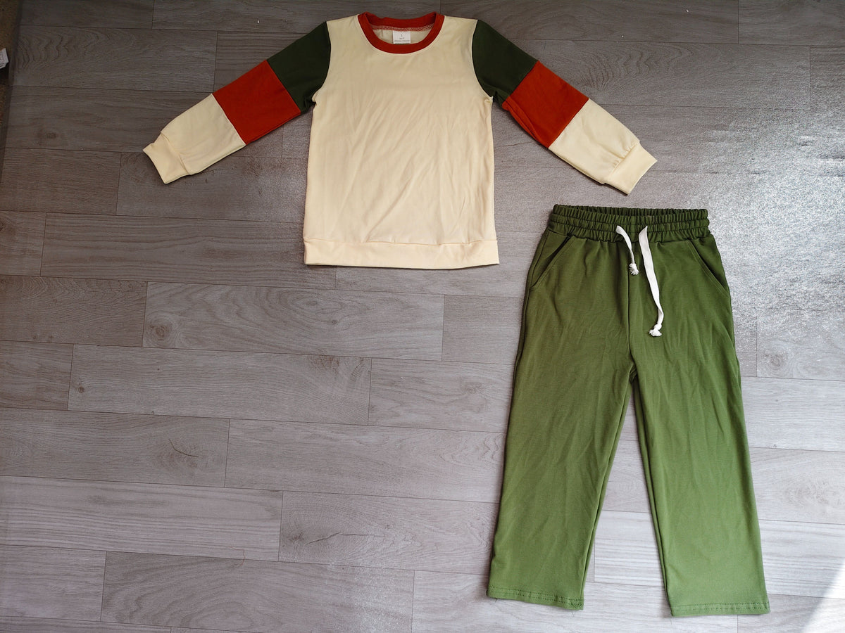 ( No moq ) Preorder Baby Girls Kids Long Sleeves Shirt Green Pockets Pants Cotton Set Clothes