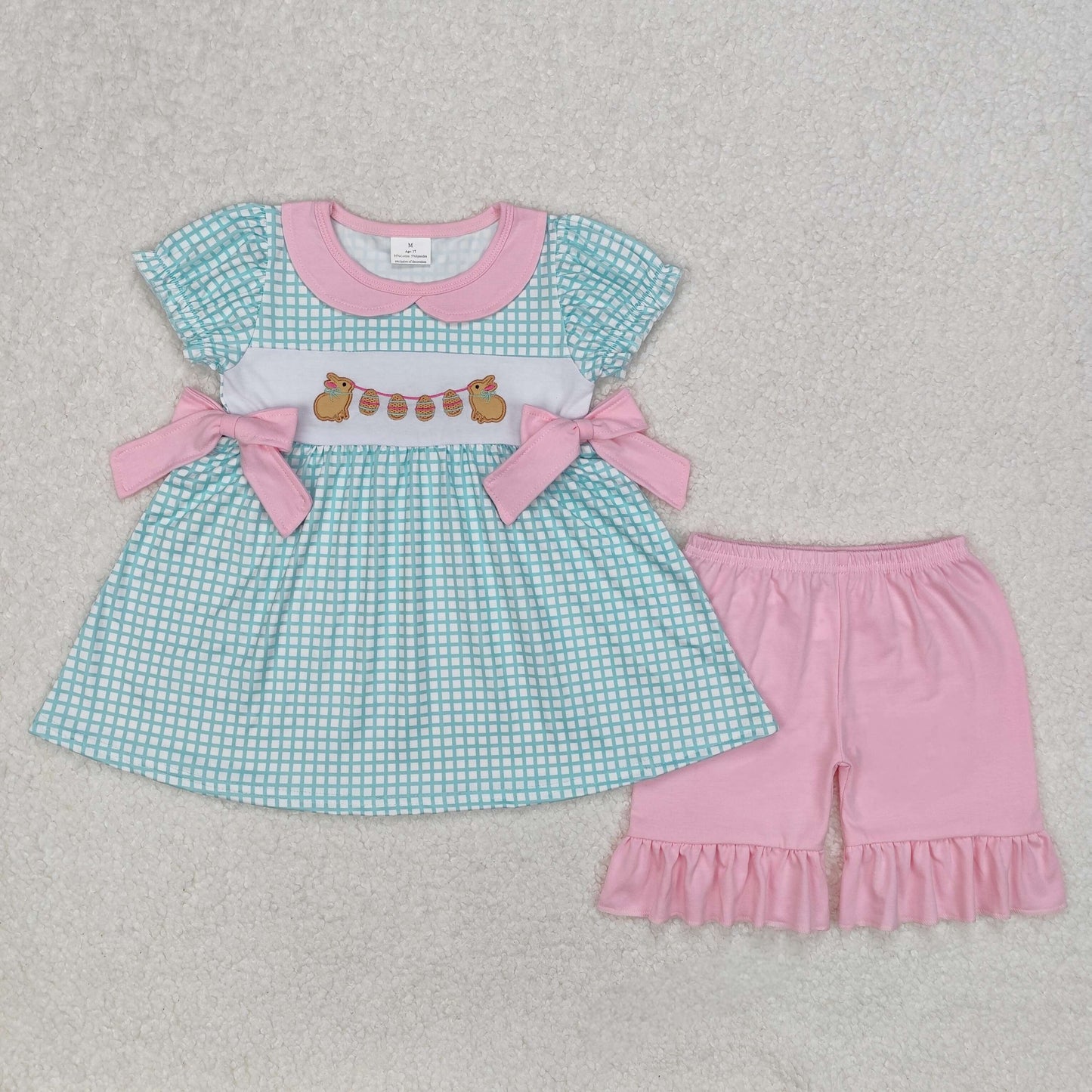 Baby Girl Embroidery Easter Rabbits Eggs Plaid Tunic Pink Shorts Clothes Set RTS