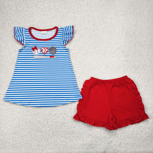 Baby Girl Short Sleeves Blue Stripes Embroidery Baseball Tunic Red Ruffle Short Set RTS
