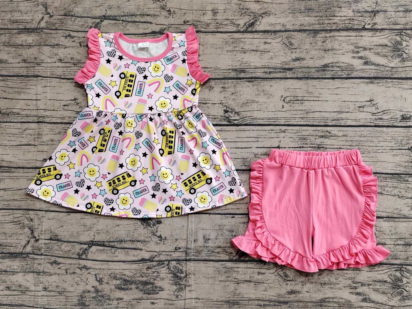 Baby Girl Sleeveless Pencils Bus Tunic Pink Ruffle Shorts Back To School Set RTS