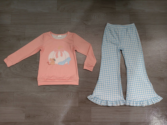( No moq ) Preorder Baby Girls Kids Pumpkin Bows Tops Blue Plaid Pants Set Fall Clothes