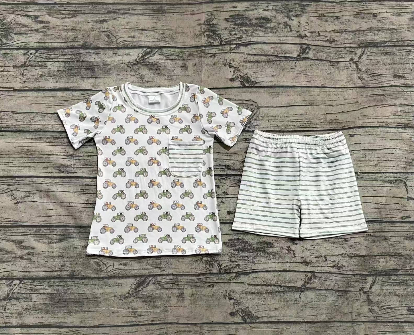 Baby Boy Short Sleeves Farm Tractors Pocket Shirt Shorts Clothes Set RTS