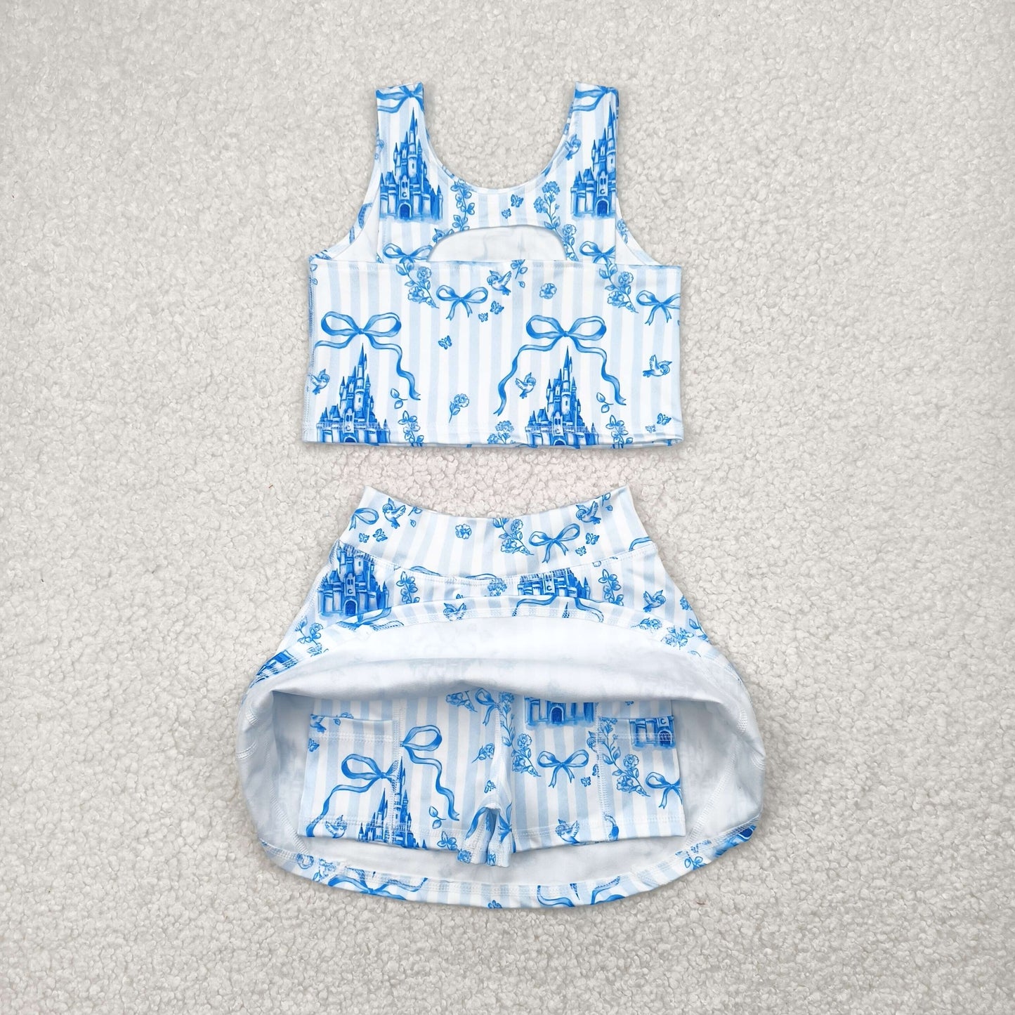 Baby Girl Sleeveless Castles Bows Flower Sibling Yoga Active Skort Blue Dress Set RTS