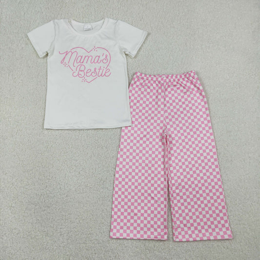 Baby Girls Short Sleeves Mama's Bestie Heart Shirt Pink Plaid Pants Clothes Set RTS