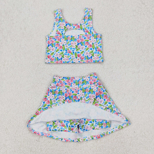 Baby Girl Sleeveless Flower Tops Shorts Skirt Skort Yoga Active Wear Blue Clothes Set RTS