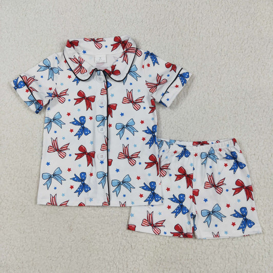 Baby Girl Short Sleeves Bows Button Shirt Shorts 4th Of July Pajamas Set RTS