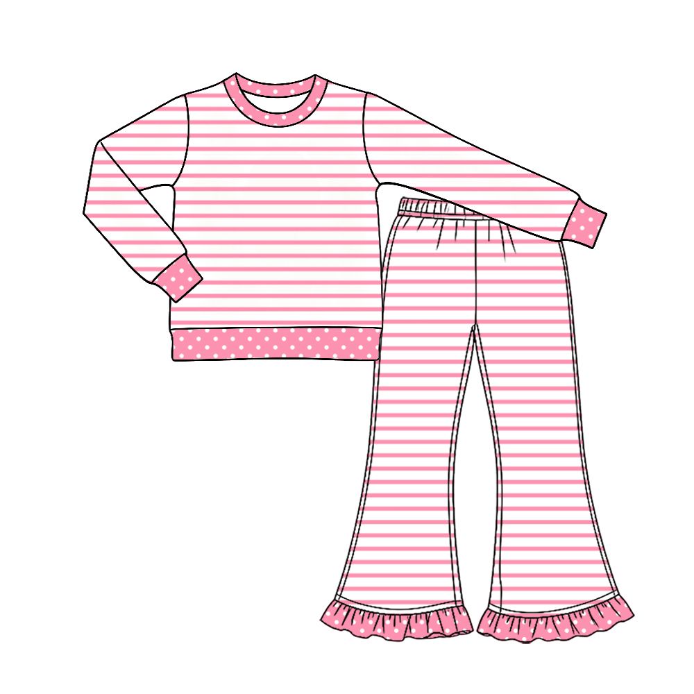 ( Moq 5 ) Preorder Baby Girls Kids Long Sleeves Pink Stripes Shirt Ruffle Pants Set Clothes