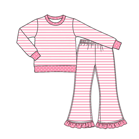 ( Moq 5 ) Preorder Baby Girls Kids Long Sleeves Pink Stripes Shirt Ruffle Pants Set Clothes