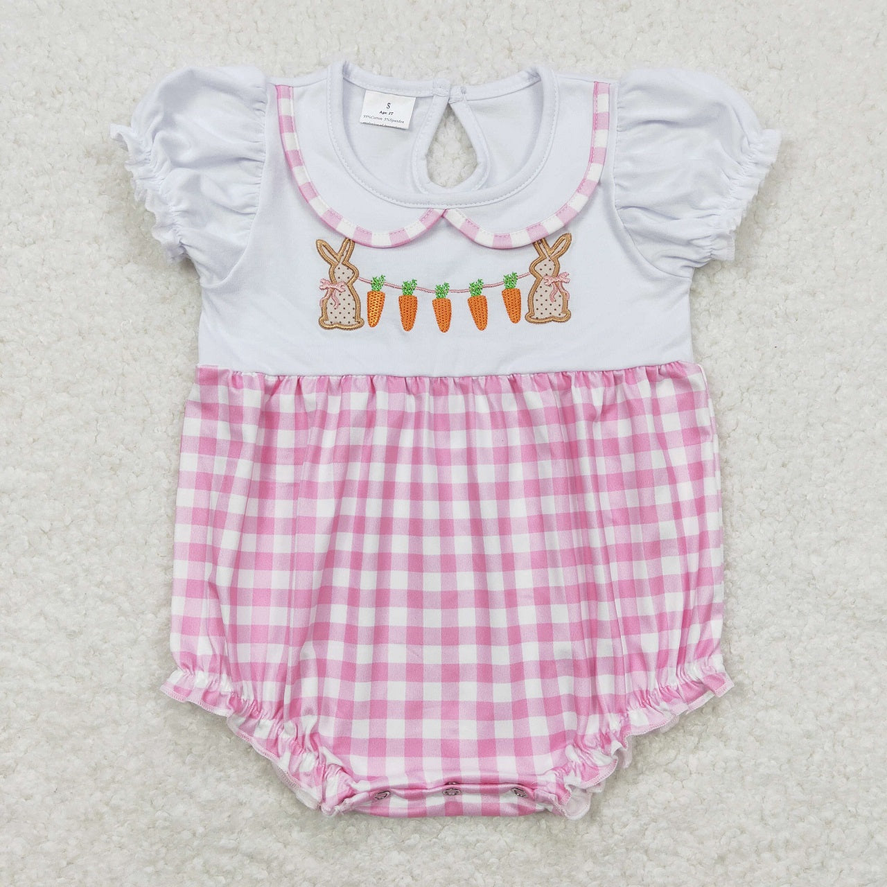 Baby Girl Short Sleeves Embroidery Easter Rabbit Carrots Sibling Rompers Dress