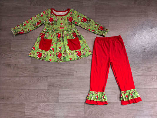 ( No moq ) Preorder Baby Girl Kids Christmas Face Stripes Pockets Tunic Green Pants Set Clothes