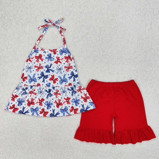 Baby Girl July 4th Bows Halter Tunic Red Shorts Clothes Set RTS
