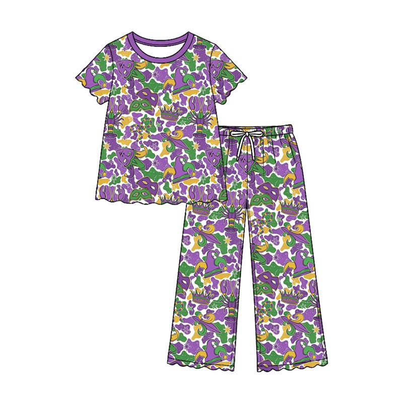( Moq 5 ) Preorder Baby Girls Kids Crawfish Anchors Masks Shirt Camo Pants Mardi Gras Set Clothes