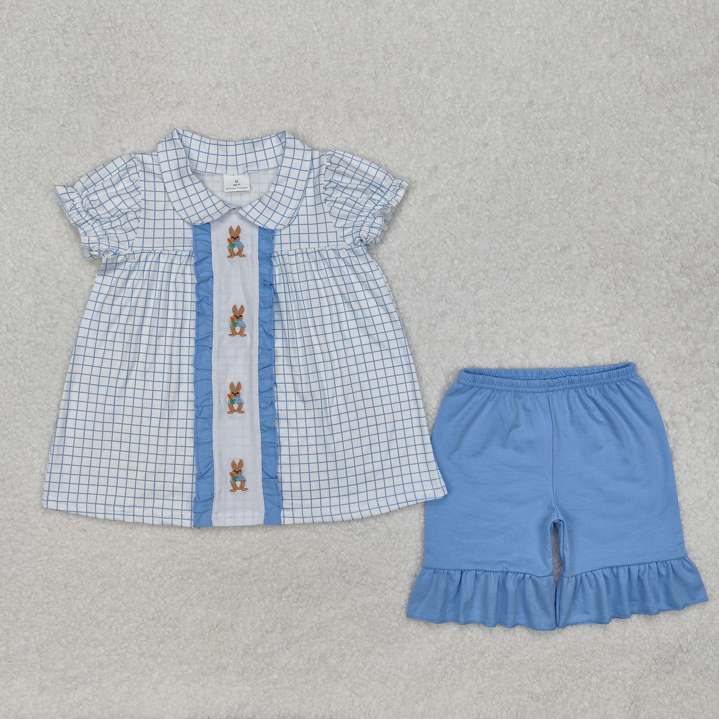 Baby Girl Short Sleeves Embroidery Easter Rabbit Plaid Tops Ruffle Blue Shorts Clothes Set