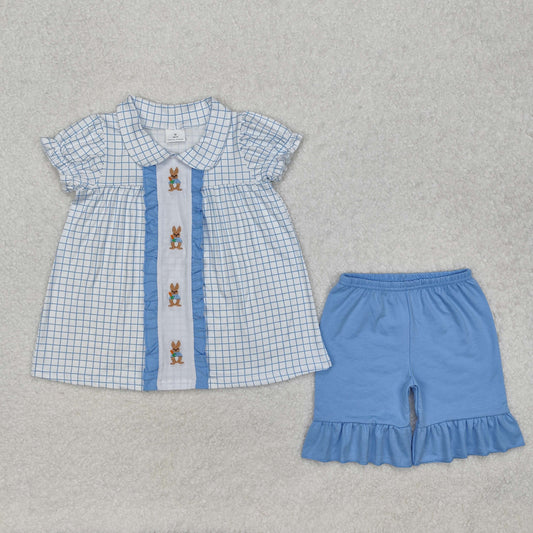 Baby Girl Short Sleeves Embroidery Easter Rabbit Plaid Tops Ruffle Blue Shorts Clothes Set