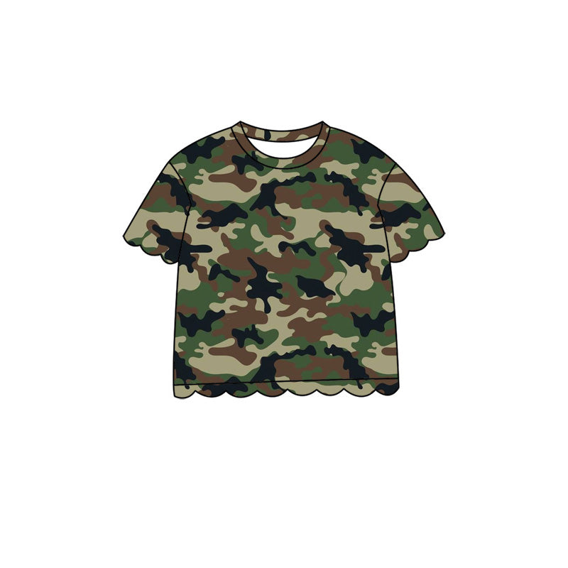 ( Moq 5 ) Preorder Baby Girls Kids Short Sleeves T-shirt Scallop Pullover Kids Green Camo Clothes