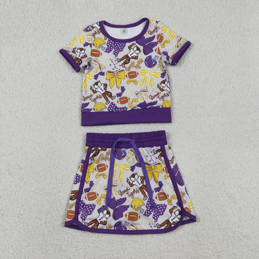 Baby Girls Toddler Short Sleeves Tigers Bows Football Team Shirt Shorts Yoga Purple Set RTS